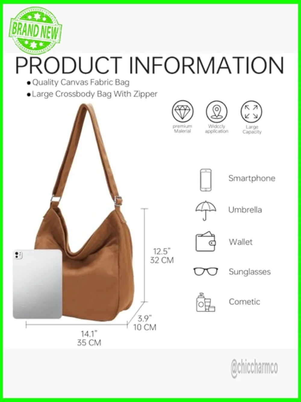 Large Canvas Tote Bag with Zipper Crossbody Hobo Messenger Bag